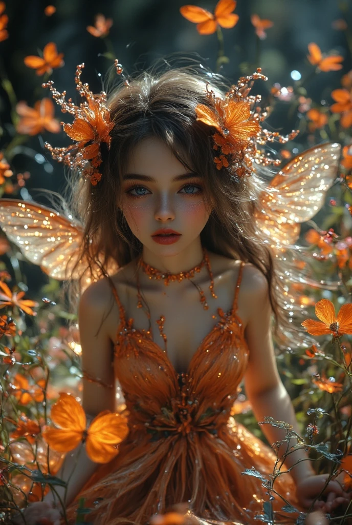 Flora's from winx club,beautiful with brown hair and a flower in her hair,magical fairy of nature, civilian outfit is a bright yellowish-green off-the-shoulder smock top with puffy short sleeves that bares her midriff and belly, a pink wrap miniskirt with little slits on both sides, and with strawberry patterns of a darker shade with a thin yellow belt that hangs midway down the skirt, and pink platform sandals with fuchsia-colored flowers by her ankles. As for accessories, she wears wide golden hoop earrings and two sets of yellow bangle bracelets on each wrist (in some occasions, she wears two purple bangles and a yellow-green set too).