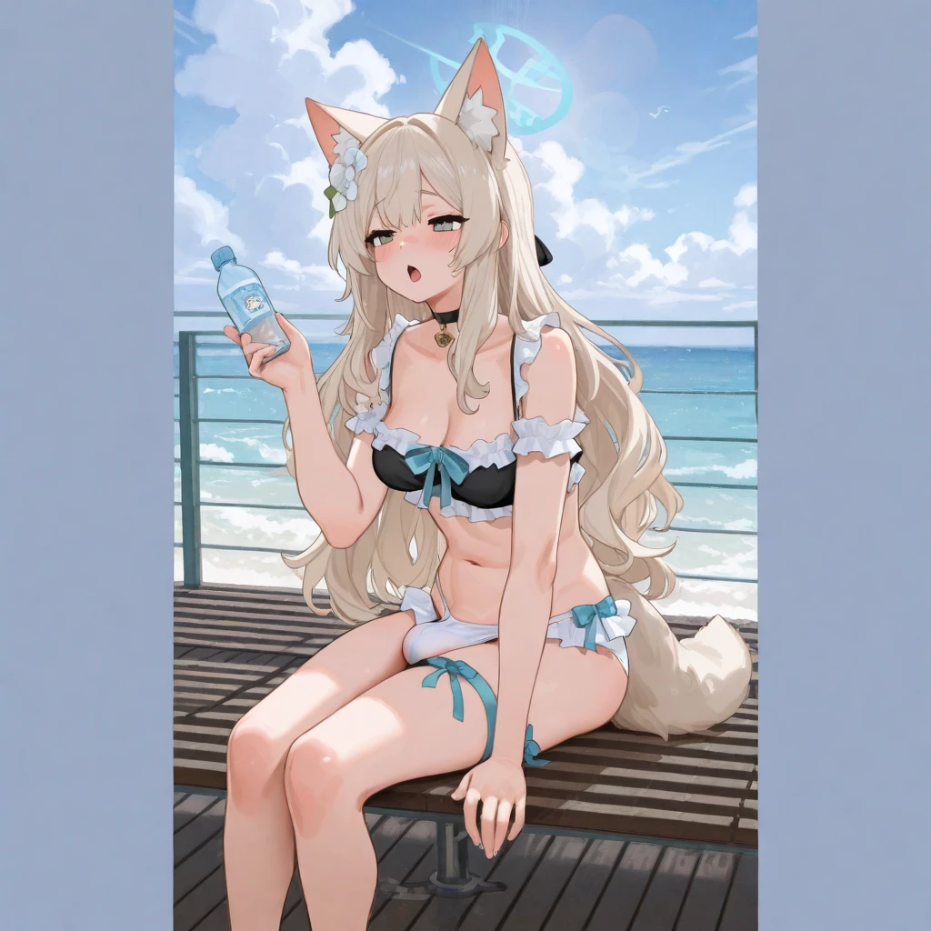 (masterpiece, best quality, juicy colors, detailed face), 1 girl, fox girl, white wool and white hair, in white bra and panties swimsuit, sitting on the beach