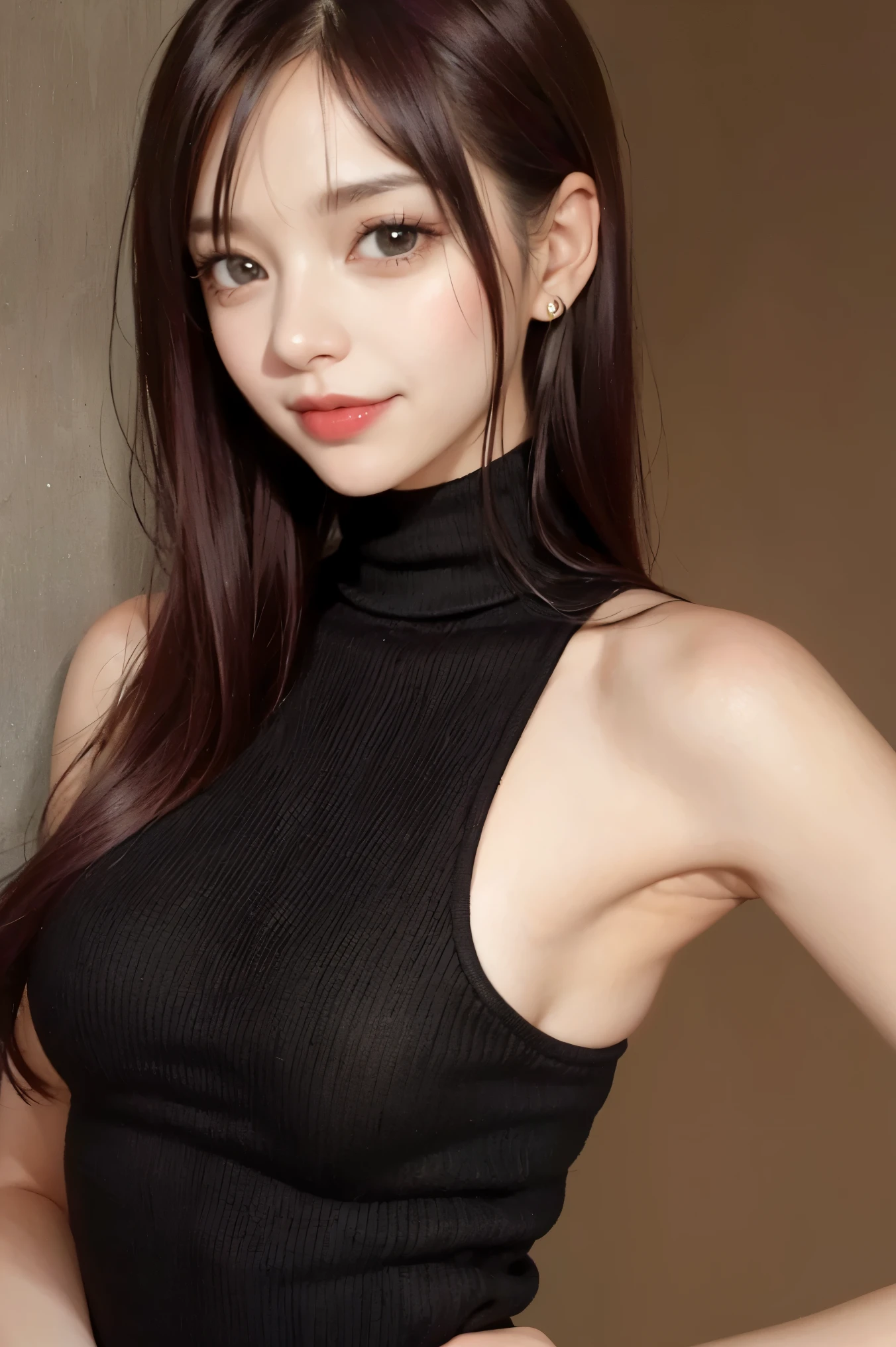 Turtleneck, sleeveless, age:35, 35 years old, small breasts, slender, I am a mature woman with medium hair, light brunette 
