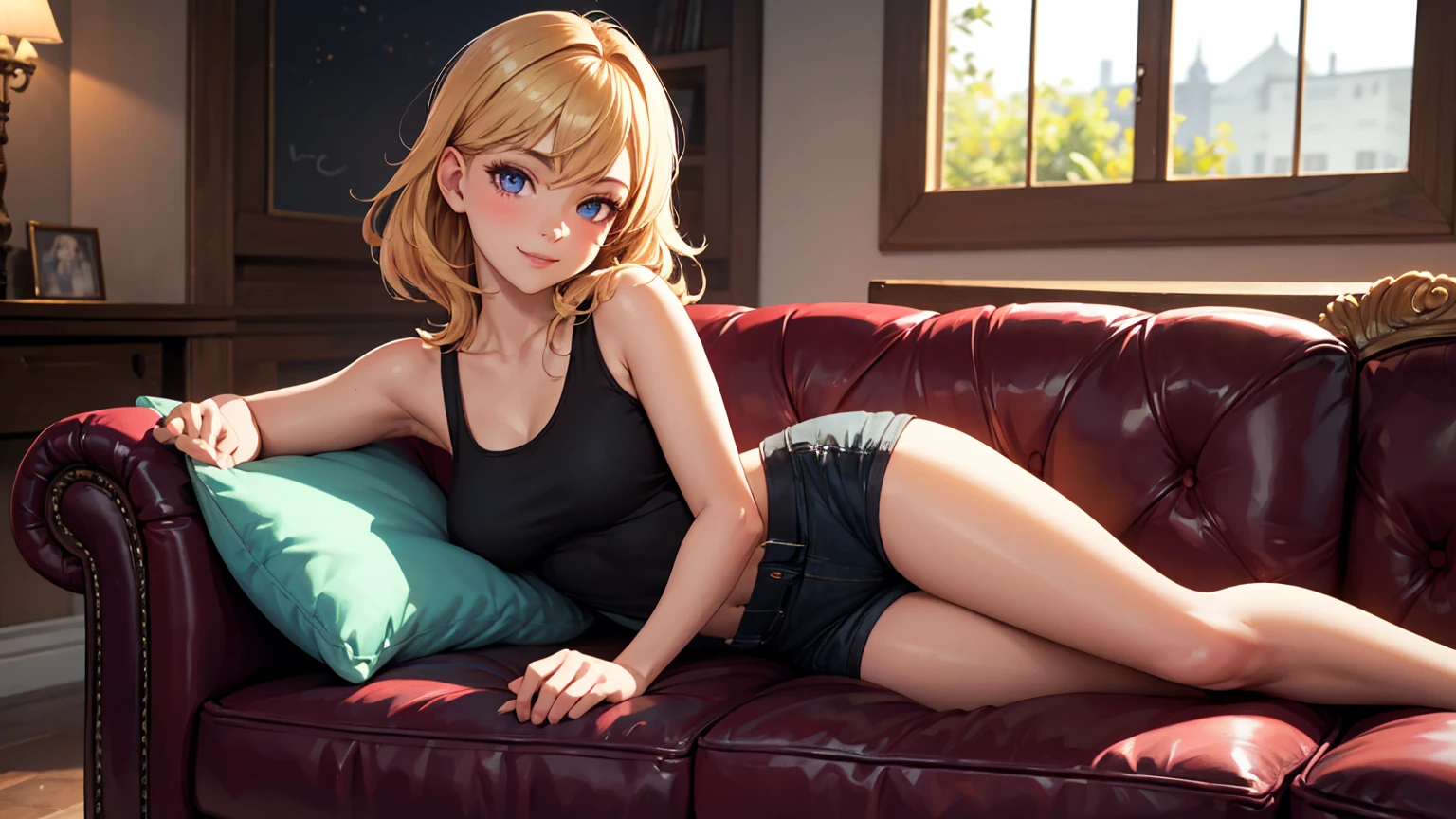Create a high-quality, detailed image of a beautiful, sexy anime lofi girl with long blonde hair, bright blue eyes, and a smile, sitting at her gaming PC in a cozy lounge. She wears a tank top and shorts, showing her shoulder and midriff. The warm, inviting scene includes soft ambient lighting, comfortable seating, and a high-end PC setup with multiple monitors and RGB lighting. The girl is barefoot, and the setting is illuminated by a small lamp, creating a serene and intimate atmosphere