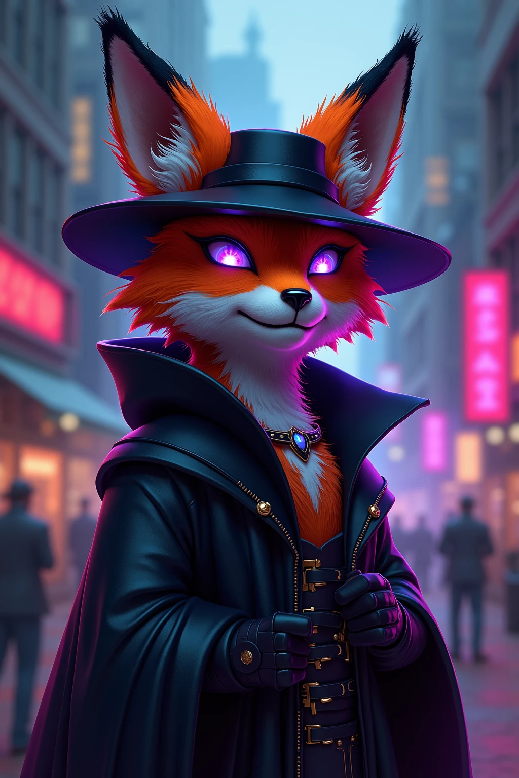 (masterpiece , best quality, high resolution, ultra detailed, intricate details, keskin odak, cybe rpunk aesthetic, neon noir), Cyberpunk concept art. Fancy anthropomorphic orange fox furry traitor, glowing purple eyes, black fancy hat, black fiercy fox ears, black robe, telekinetic mage, enigmatic, arcane aura, arcane aura, magical aura, telekinesis aura, black gloves, cyberpunk city, kafeteryada oturmuş radyo dinliyor, sessiz ve sakin bir gece, kütüphane