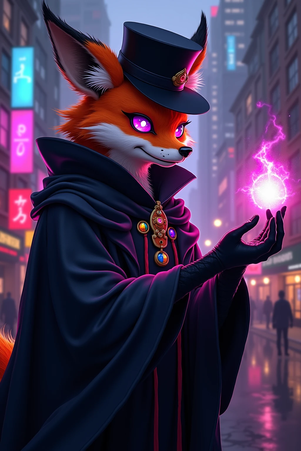 (masterpiece , best quality, high resolution, ultra detailed, intricate details, keskin odak, cybe rpunk aesthetic, neon noir), Cyberpunk concept art. Fancy anthropomorphic orange fox furry traitor, glowing purple eyes, black fancy hat, black fiercy fox ears, black robe, telekinetic mage, enigmatic, arcane aura, arcane aura, magical aura, telekinesis aura, black gloves, cyberpunk city, kafeteryada oturmuş radyo dinliyor, sessiz ve sakin bir gece, kütüphane