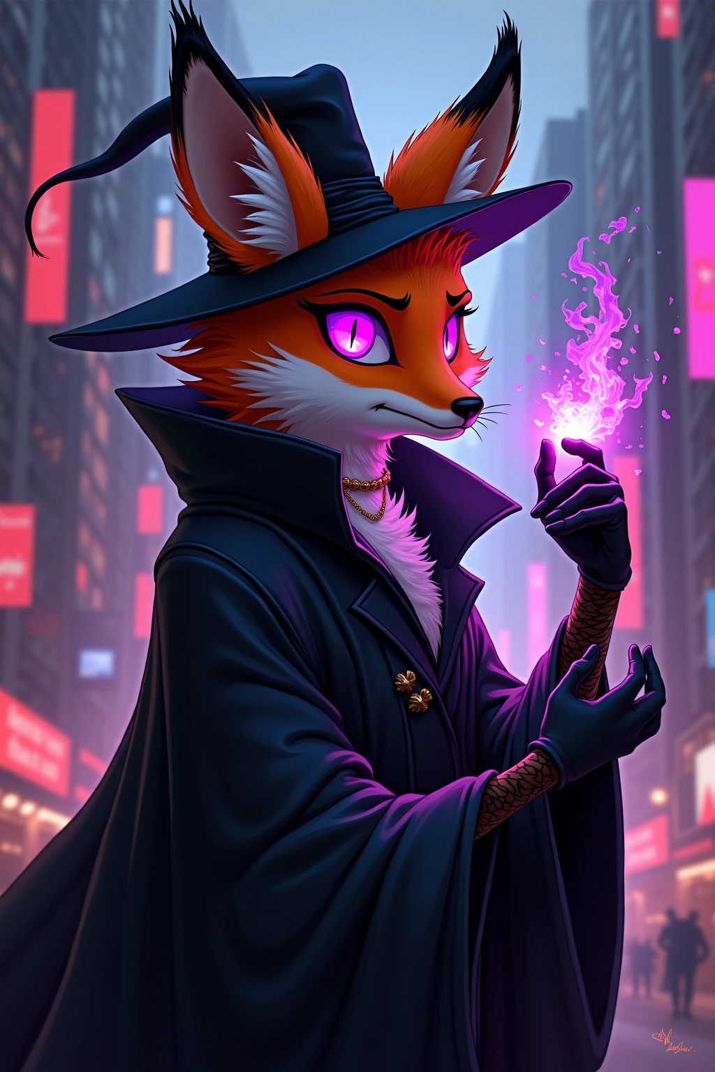 (masterpiece , best quality, high resolution, ultra detailed, intricate details, keskin odak, cybe rpunk aesthetic, neon noir), Cyberpunk concept art. Fancy anthropomorphic orange fox furry traitor, glowing purple eyes, black fancy hat, black fiercy fox ears, black robe, telekinetic mage, enigmatic, arcane aura, arcane aura, magical aura, telekinesis aura, black gloves, cyberpunk city, kafeteryada oturmuş radyo dinliyor, sessiz ve sakin bir gece, kütüphane