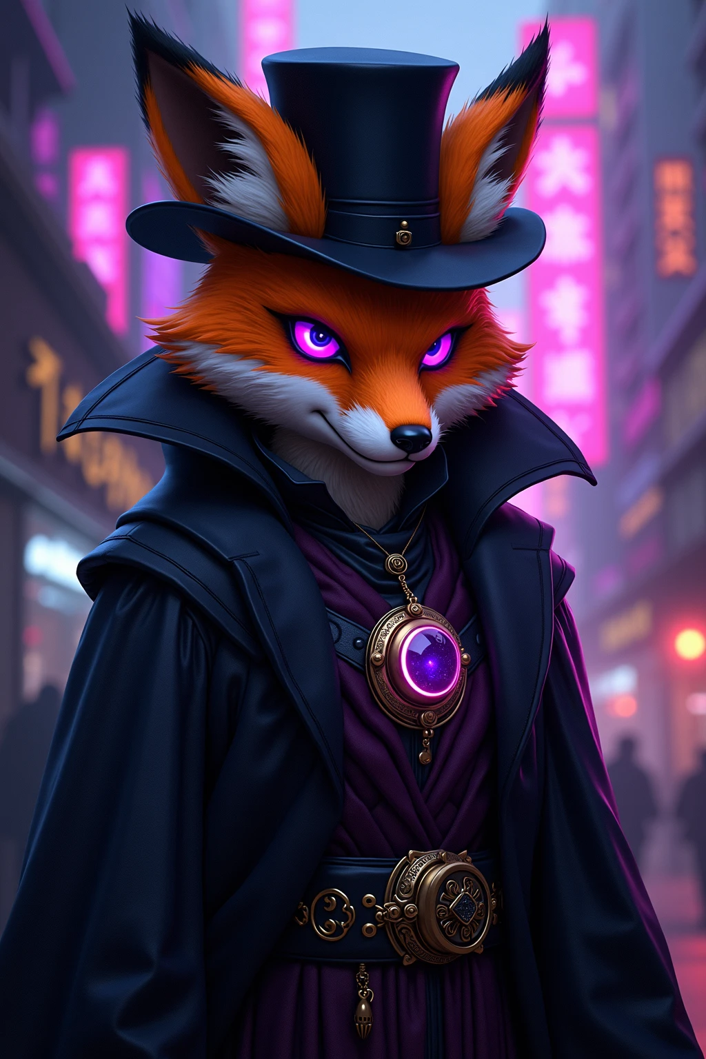 (masterpiece , best quality, high resolution, ultra detailed, intricate details, keskin odak, cybe rpunk aesthetic, neon noir), Cyberpunk concept art. Fancy anthropomorphic orange fox furry traitor, glowing purple eyes, black fancy hat, black fiercy fox ears, black robe, telekinetic mage, enigmatic, arcane aura, arcane aura, magical aura, telekinesis aura, black gloves, cyberpunk city, kafeteryada oturmuş radyo dinliyor, sessiz ve sakin bir gece, kütüphane