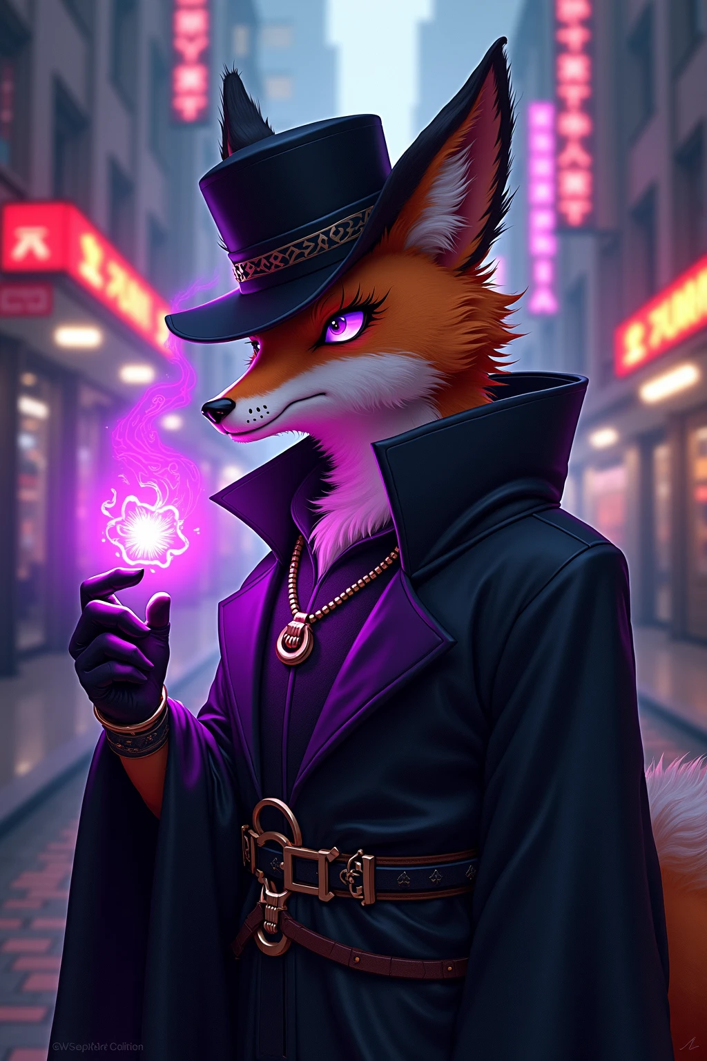 (masterpiece , best quality, high resolution, ultra detailed, intricate details, keskin odak, cybe rpunk aesthetic, neon noir), Cyberpunk concept art. Fancy anthropomorphic orange fox furry traitor, glowing purple eyes, black fancy hat, black fiercy fox ears, black robe, telekinetic mage, enigmatic, arcane aura, arcane aura, magical aura, telekinesis aura, black gloves, cyberpunk city, kafeteryada oturmuş radyo dinliyor, sessiz ve sakin bir gece, kütüphane
