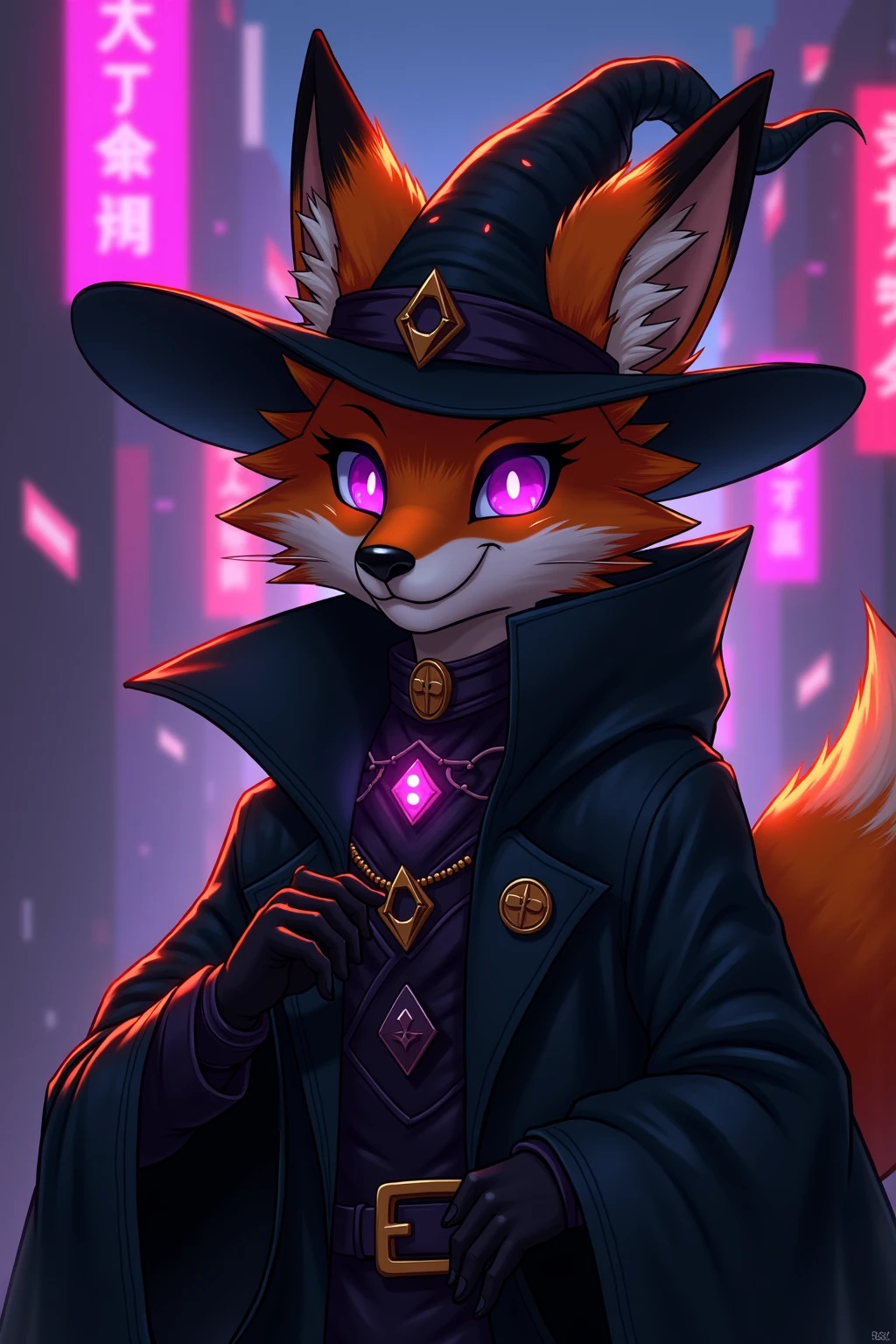 (masterpiece , best quality, high resolution, ultra detailed, intricate details, keskin odak, cybe rpunk aesthetic, neon noir), Cyberpunk concept art. Fancy anthropomorphic orange fox furry traitor, glowing purple eyes, black fancy hat, black fiercy fox ears, black robe, telekinetic mage, enigmatic, arcane aura, arcane aura, magical aura, telekinesis aura, black gloves, cyberpunk city, kafeteryada oturmuş radyo dinliyor, sessiz ve sakin bir gece, kütüphane