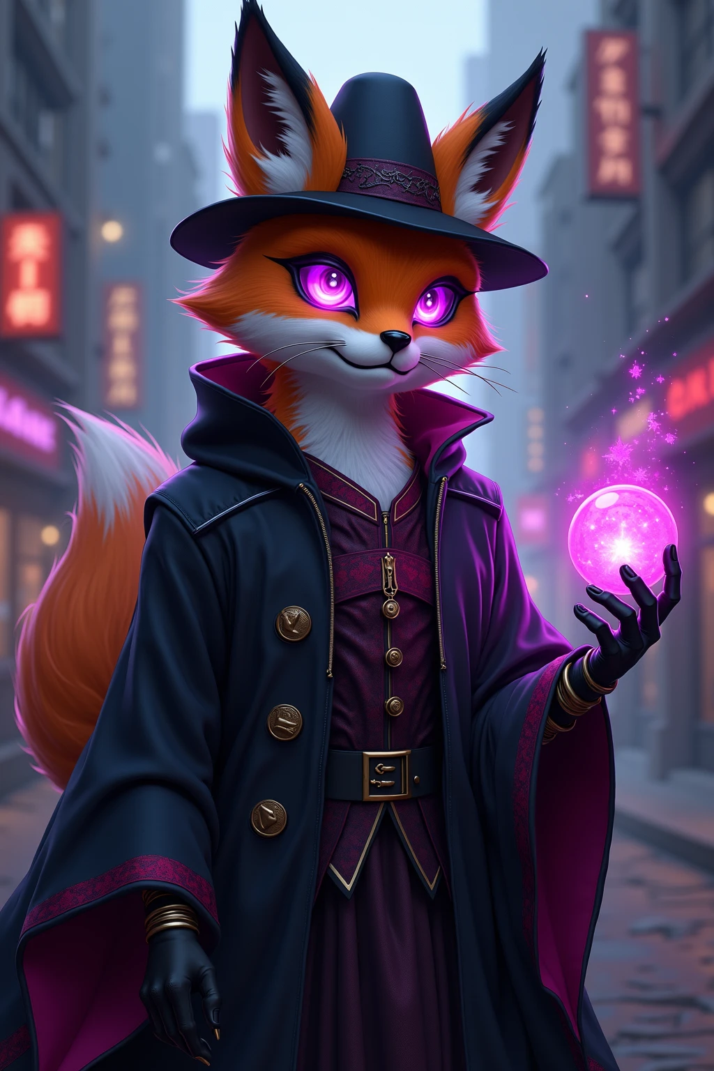 (masterpiece , best quality, high resolution, ultra detailed, intricate details, keskin odak, cybe rpunk aesthetic, neon noir), Cyberpunk concept art. Fancy anthropomorphic orange fox furry traitor, glowing purple eyes, black fancy hat, black fiercy fox ears, black robe, telekinetic mage, enigmatic, arcane aura, arcane aura, magical aura, telekinesis aura, black gloves, cyberpunk city, kafeteryada oturmuş radyo dinliyor, sessiz ve sakin bir gece, kütüphane