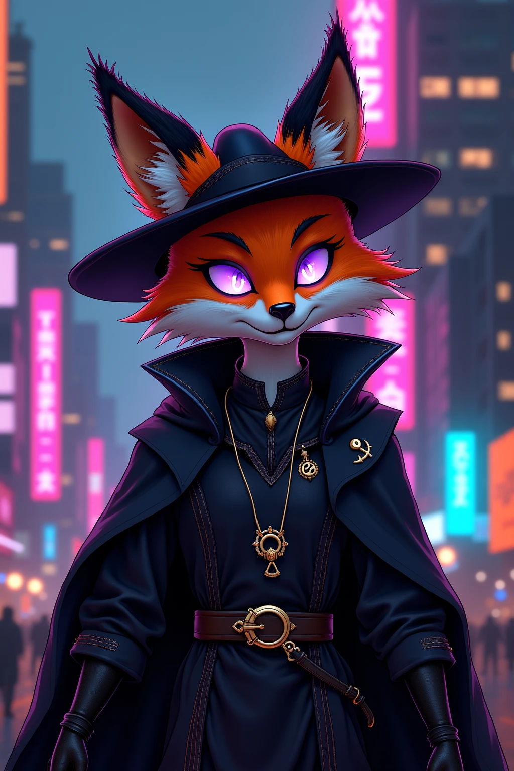 (masterpiece , best quality, high resolution, ultra detailed, intricate details, keskin odak, cybe rpunk aesthetic, neon noir), Cyberpunk concept art. Fancy anthropomorphic orange fox furry traitor, glowing purple eyes, black fancy hat, black fiercy fox ears, black robe, telekinetic mage, enigmatic, arcane aura, arcane aura, magical aura, telekinesis aura, black gloves, cyberpunk city, kafeteryada oturmuş radyo dinliyor, sessiz ve sakin bir gece, kütüphane