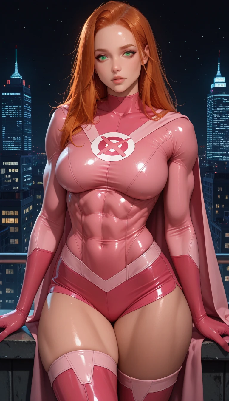 A woman in a pink siuit and red hair, solo, Atom Eve, cape, big light green eyes, medium breasts, pink earrings, covered navel, cropped legs, cotton, Sexy pose, front view!, white background, realistic colors, front view, light coming from the right, 8K image quality, Masterpiece