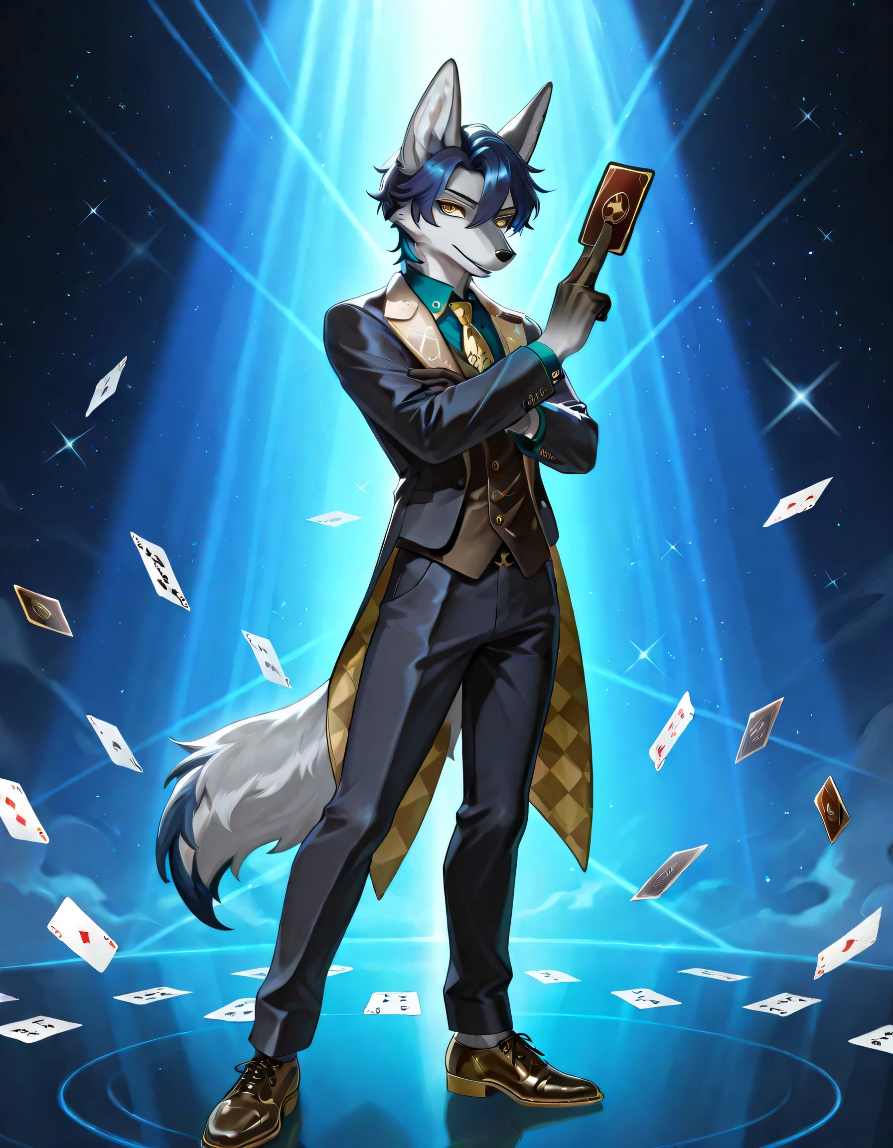 solo, posing, 1boy furry jackal, furred, dark blue hair, short hair, light gray fur, suit, astral, cards, aventurine, yellow eyes, shoes