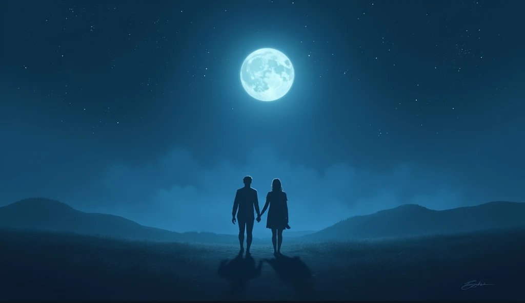 Give me a starry sky in the middle of nature and a beautiful moon with 2 people looking