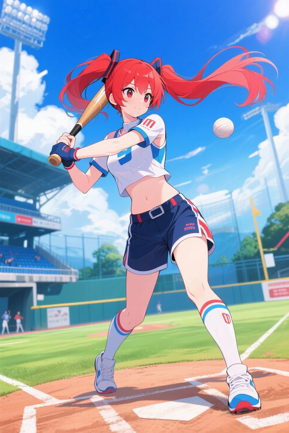 1 girl playing baseball, Wearing a baseball cap,from side,full body,
dynamic effects, motion effects, dynamic hair,
in Baseball ground, 
masterpiece, best quality, extremely detailed, (gainax:1.3),
crisp image, sharp image, clear image, vivid image,
(finely detailed face, finely detailed eyes), (finely detailed hair),
highly detailed background,
