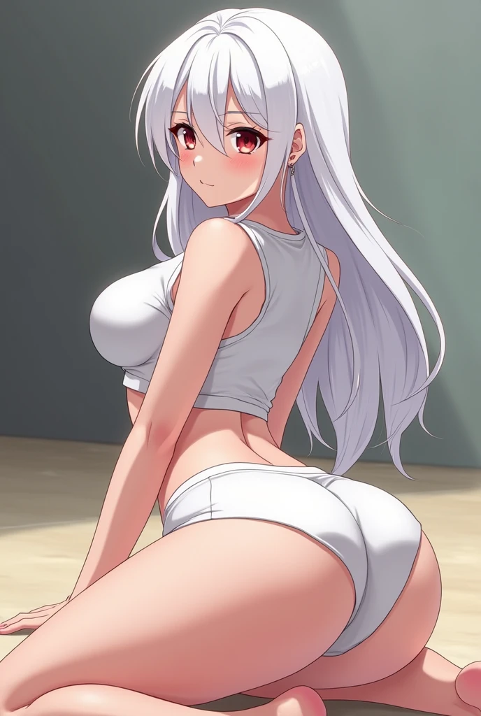 Photograph of a 20 year old anime woman, perfect face, masterpiece, GOOD, underwear, negro_GOOD,  negro_panties, with big tits with white hair with big tits and a butt