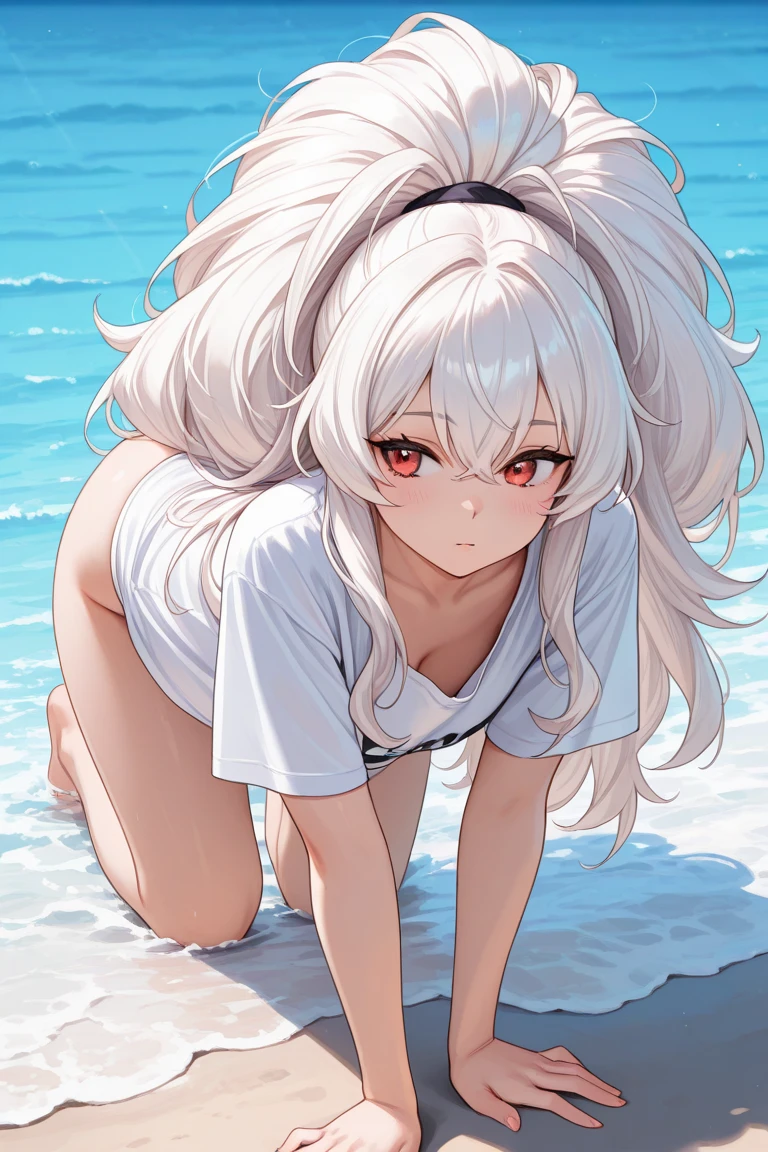 DETAILED, DENSE, MASTERPIECE, one girl, beautiful, 22 years old, smooth skin, glowing skin, glowing hair, clear eyes, glowing eyes, red eyes, soft lips,(viewer Looking down: 0. 8) smiling slightly, cheeks stained, mouth open, one girl, soft skin, large breasts, glowing skin, (Masterpiece: 1.0), (Realistic: 1.6), (Soft Focus: 1.5), full body, big lips, sexy face, sharp eyes, grin, skinny waist, (((skinny waist))), pastel pink jacket, white hair, bikini, water, lying on the side, resting head on hand