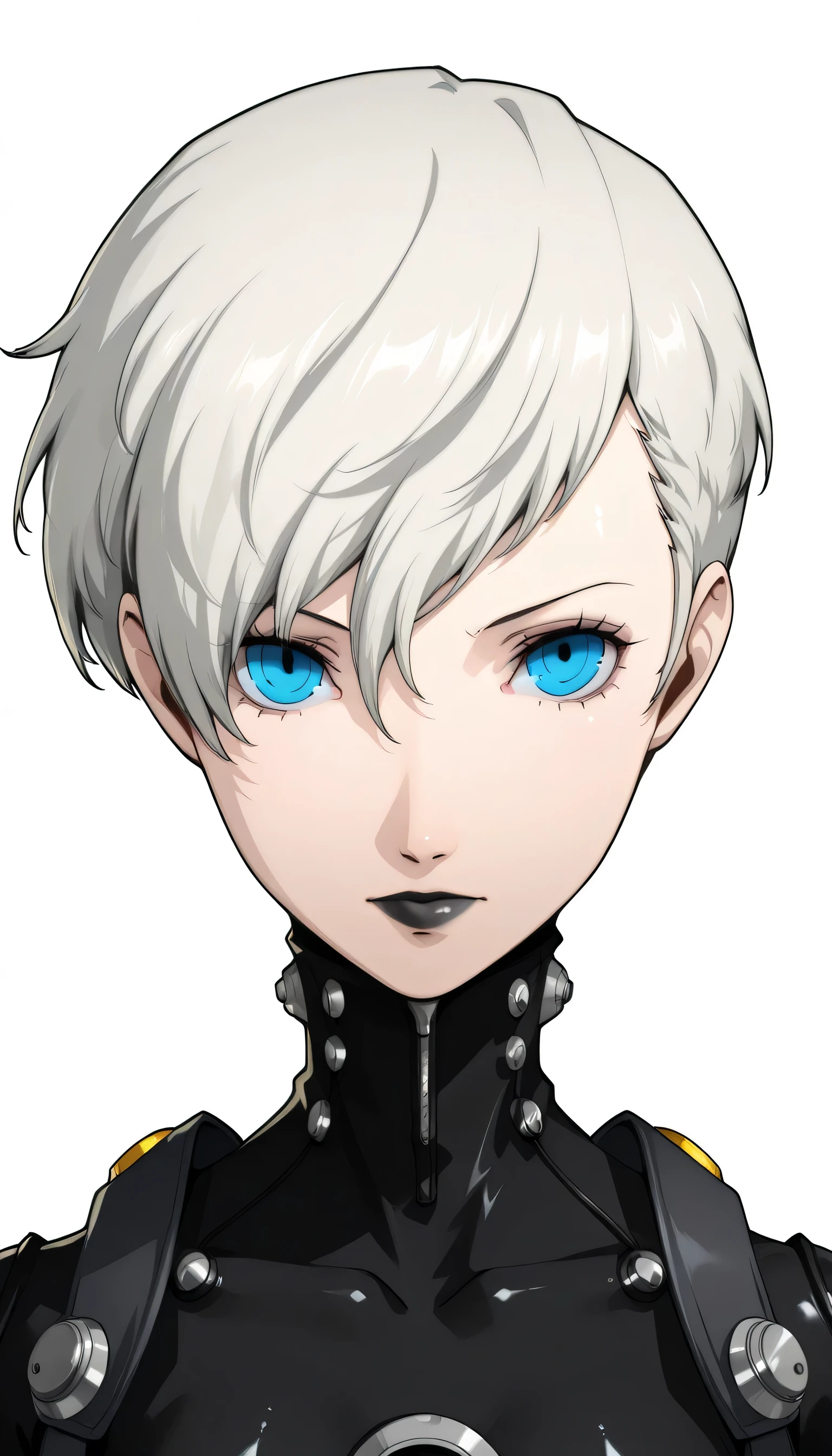1 girl, blue eyes, very Short hair, black lipstick, white hair, tomboy Pixie haircut, black skinny Eva suit, portrait, azusa shimada style, white background , shiny skin, persona 3 reload style, high Quality, front view, looking at viewer