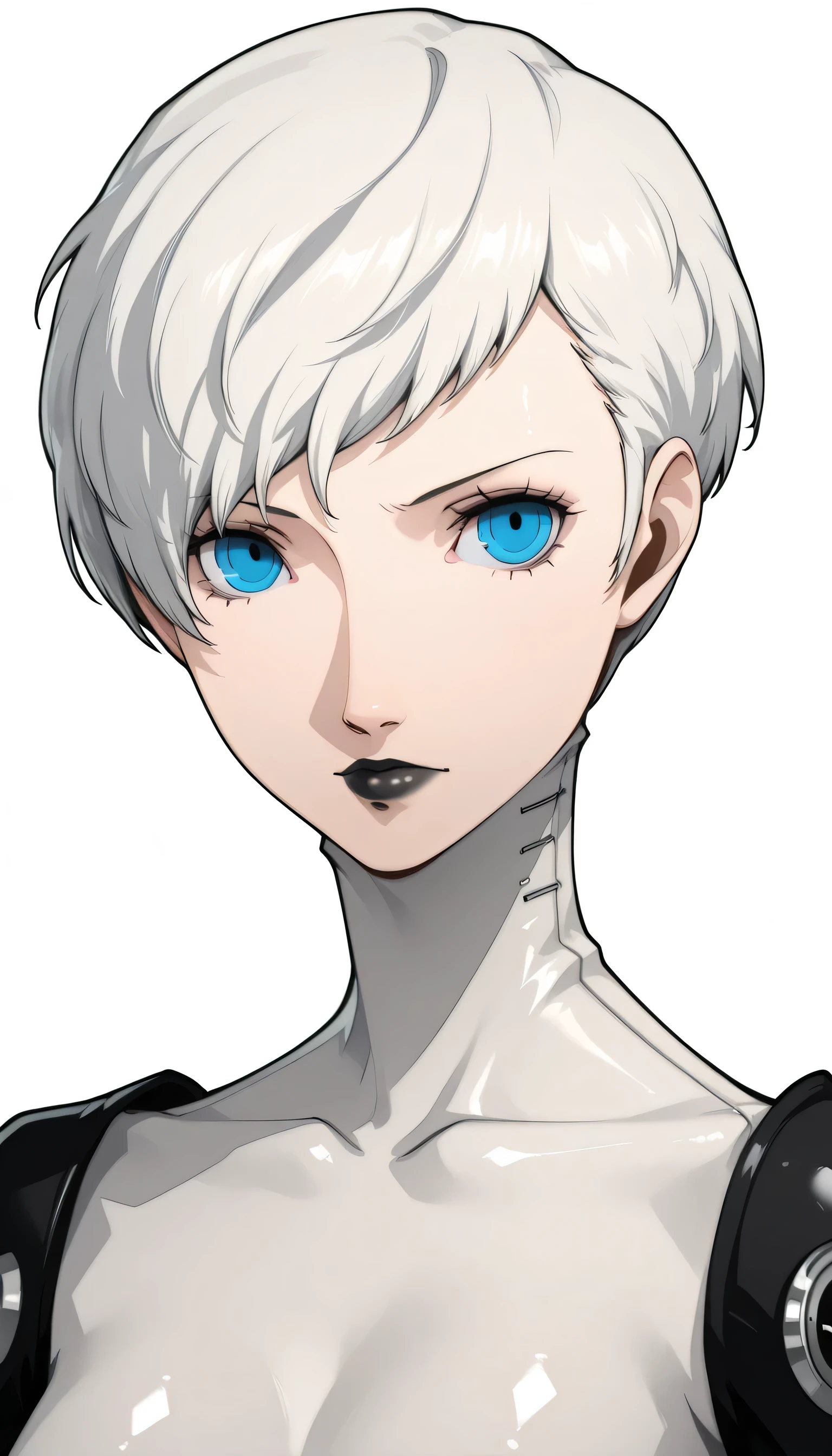1 girl, blue eyes, very Short hair, black lipstick, white hair, tomboy Pixie haircut, black skinny Eva suit, portrait, azusa shimada style, white background , shiny skin, persona 3 reload style, high Quality, front view, looking at viewer