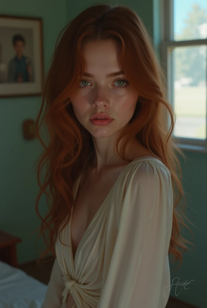 a portrait of a (soaking wet of a milk:1.2) redhead, teacher is sitting on a porch, [white shirt : 18], slate atmosphere, cinematic, dimmed colors, dark shot, muted colors, film grainy, lut, insane details, intricate details, hyperdetailed, closeup, twilight