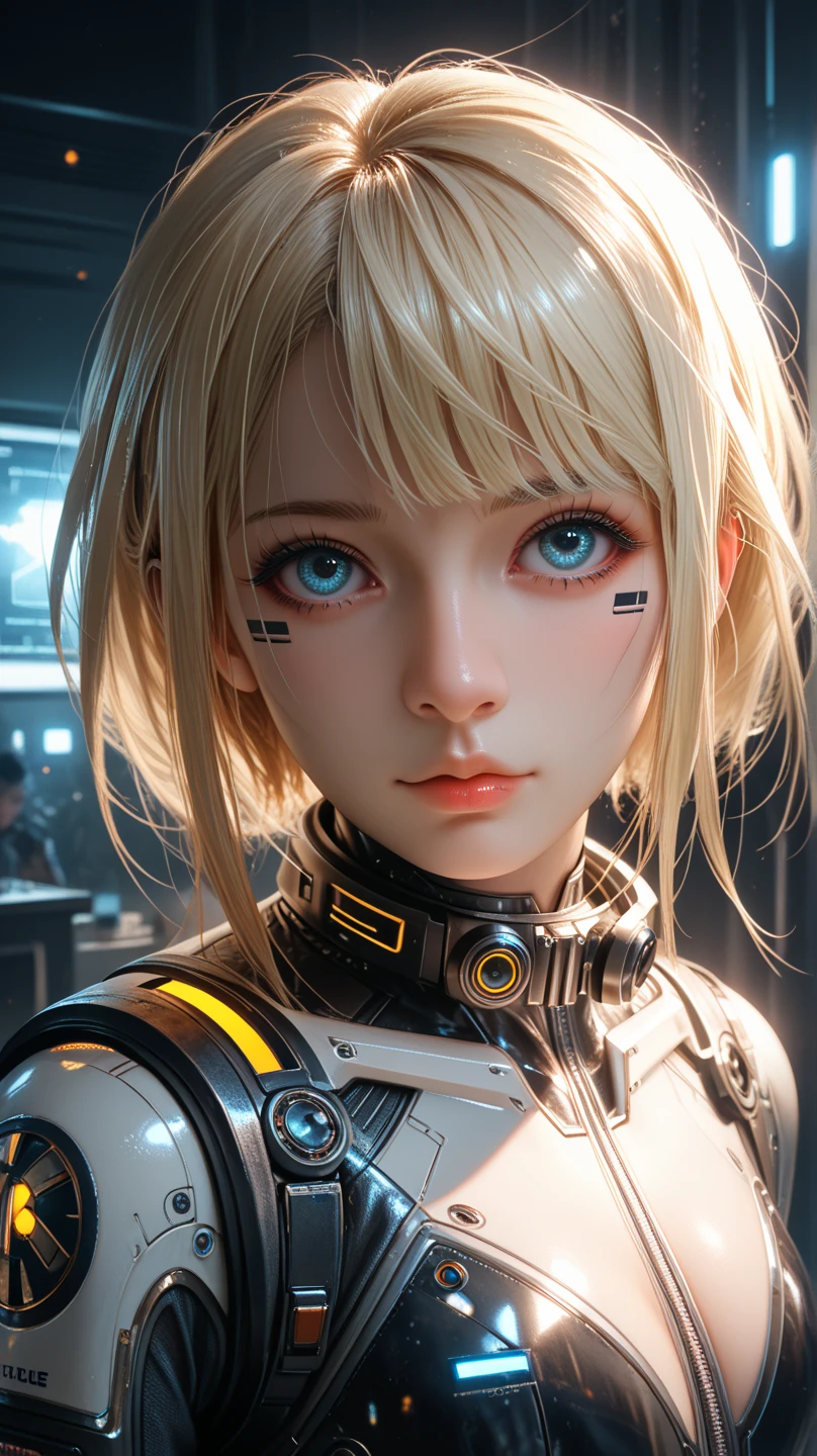 mech nurse head cap,blonde hair,realistic and intricate perfect beauty face,small breast,flat chest,perfect sharp blue glowing eyes, detailed face,((in realistic neon-lit sci-fi white plugsuit metal mech parts and with neon-lit lights)), sit a silver box,masterpiece,front face,