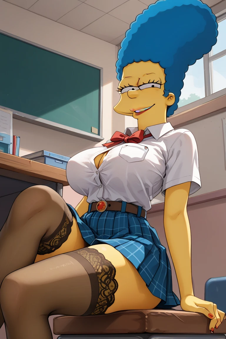 AGMM, 1girl, (Marge Simpson, blue hair, Yellow_Skin, Colored_Skin:1.2), wearing wet see-through school uniform, large breasts, reveal, covered nipples, skirt, thighhighs. inside building, classroom, sunbeams, bokeh, sparkles, evening, smile, sexy smile,
<lora:Character-Marge_Simpson-Red_Necklace, Yellow_Skin, Colored_Skin, Green_Dress:1> <lora:Style-(Anime)-AGMM:0.75>