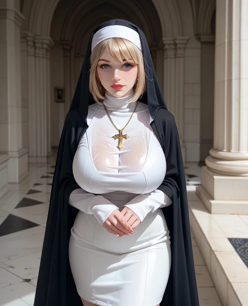 Girl with huge breasts wearing a micro bra dressed as a nun in the convent patio 