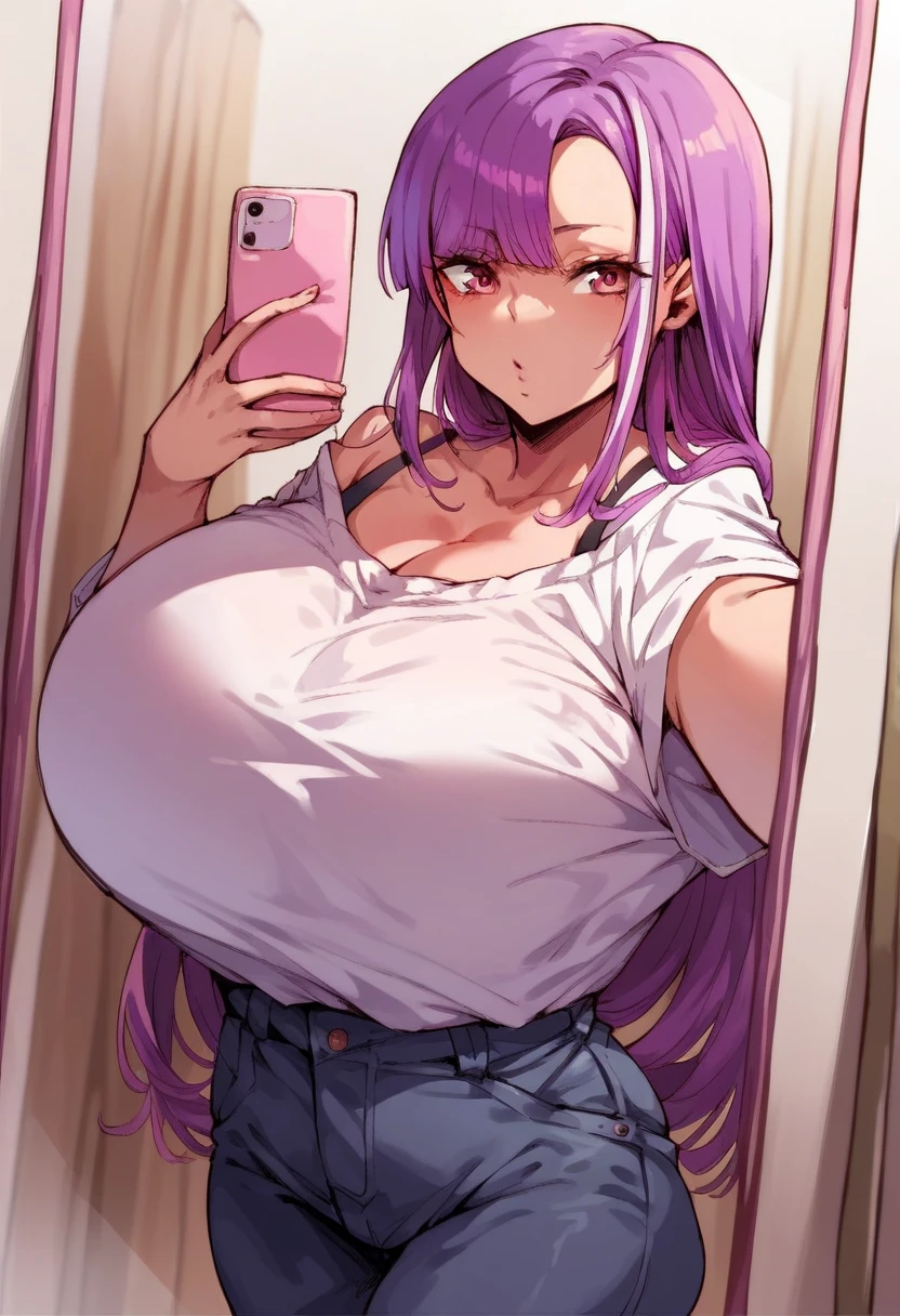 Perfect face, Perfect hands. A pink haired woman with violet eyes and an hourglass figure in a pink sweater and jeans is taking a selfie in a Gothic bedroom with a big smile