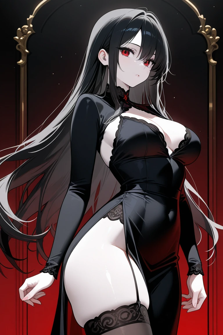best quality, amazing quality, very aesthetic, absurdres, 1girl, rio (blue archive), blue archive, red eyes, black hair, strapless, (artist official art:1.5), (), (narrowed eyes), (cowboy shot), (concept art:1.5), panties, (thigh, glowing eyes:1.4), expressive eyes, perfect face, 4k, extremely detailed anime illustration, extremely detailed eyes, enhanced details, perfect anatomy, light rays, photo background, extremely delicate body, smooth skin, feminine expression, (black background:1.5), cristal clear eyes, beautiful face, big breasts
