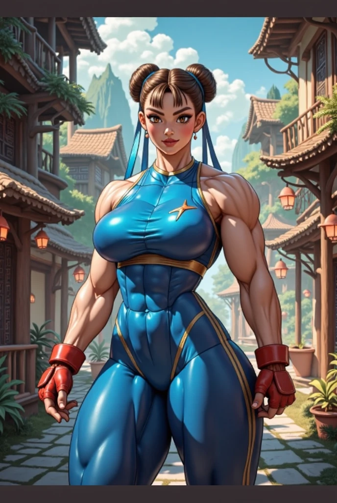 (Muscular:1.7), (thick thighs:1.7),
(asian female, brown hair:1.4), beauty mark,
(earrings, eyeshadow, lipstick),
detailed eyes, (big smile:1.2), detailed skin,
(small breasts:2),
(sfa chun, blue leggings:1.5), unitard, yellow ribbons, bare shoulders, double bun, covered abs,
(upper body view:1.3), (looking at viewer), (three quarter view:1.2),
japanese village, rim lighting, two tone lighting, dimly lit, bokeh