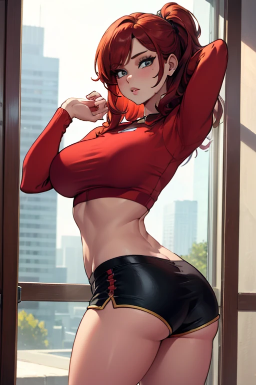 sexy red head sitting on her knees putting her hair into a pony tail. seductive facial expression. showing lots of skin