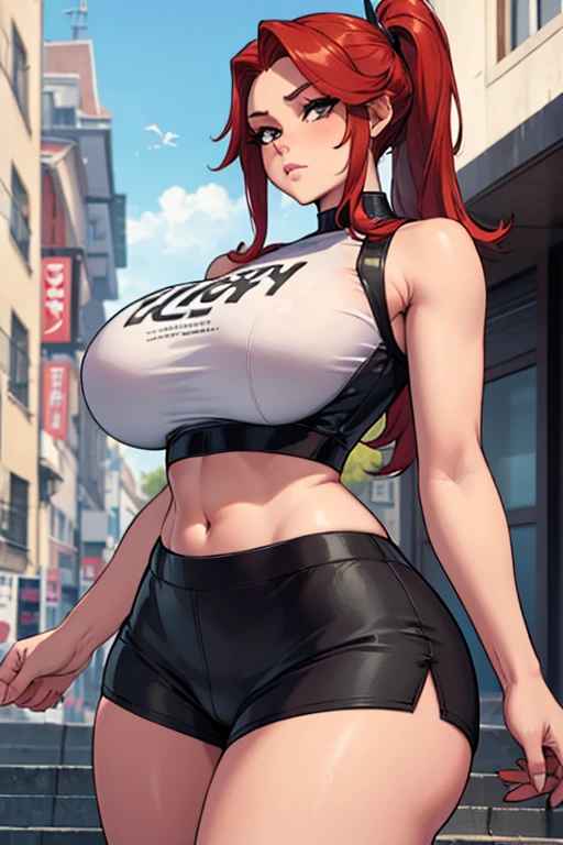 masterpiece, ultra quality, Beautiful detailed, extremely detailed,16K, exquisite, highres, Beautiful background, Beautiful eye, Beautiful skin, anime style, Bold line, anger, (((((one girl))))), ((Muscular girl, toned body, big breasts:1.1)), (((Rich, huge breasts, big areola))), (((Rich, perfect muscular body:1.5))), ((chiseled abs, six pack:1.2, long leg thighs, big hugs long saggy tits, very muscular long legs)), long silky red hair, big lapis lazuli eyes, white skin, ((white latex military uniform, white long pants, cameltoe)), hall々standing with, (detailed arms、detailed hands、detailed feet、detailed legs), Ultra HD detailed display, Excellent image performance, High-quality 図s, fit perfectly、harmonious tone, dark line, accurate brushstrokes, Strong three-dimensional feel and delicate fit, great color matching, intricate details,