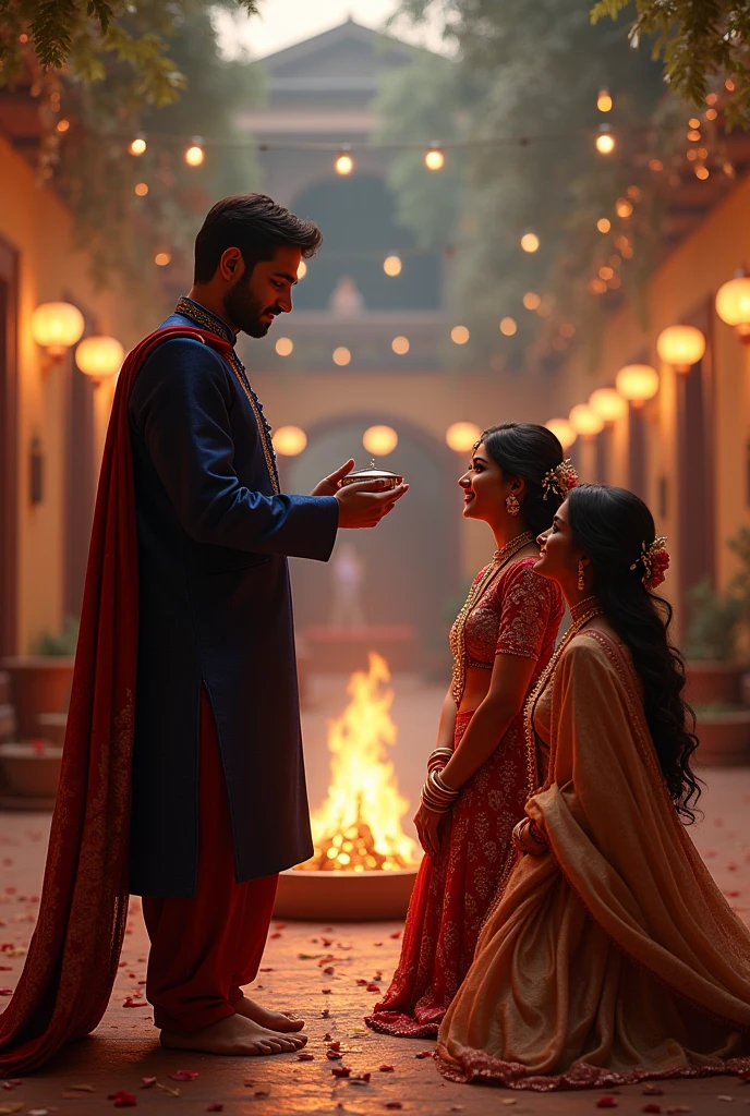 Women with curly hair in a red coloured saree and a 6 feet tall man with a light beard wearing a cream coloured shervani, both are offering water to Mahadev