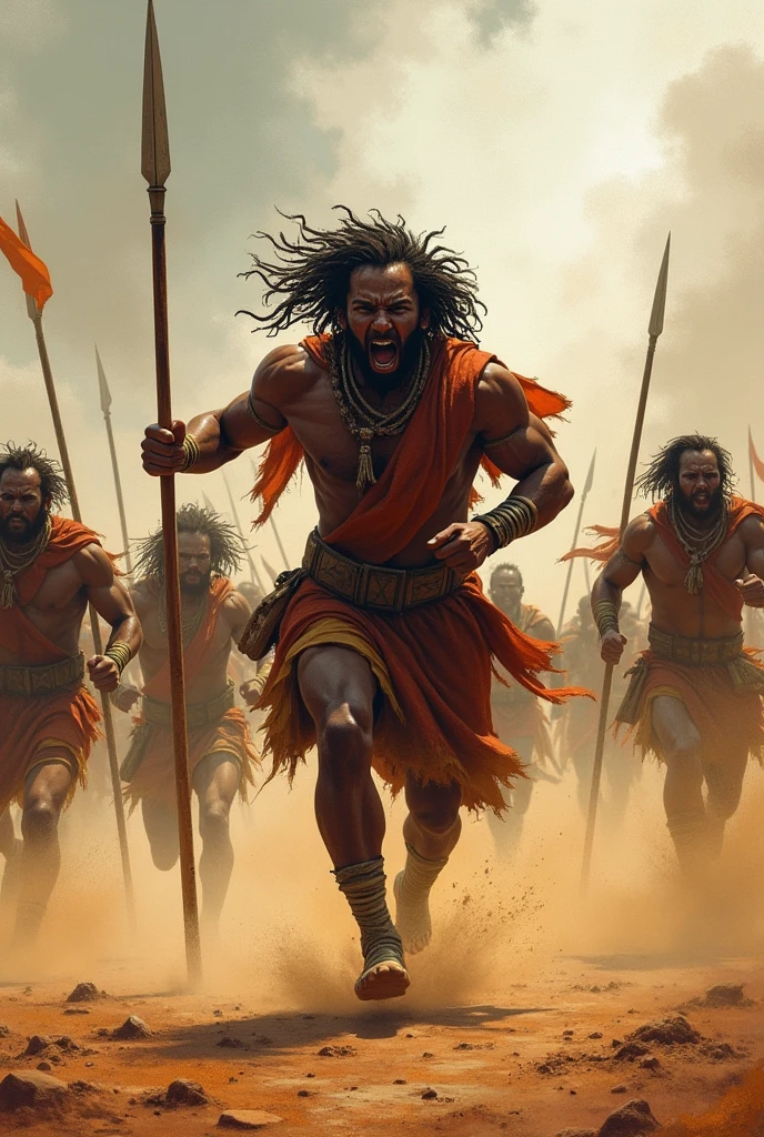 The Ulgulan (Great Rebellion)**
- A dynamic scene of the Ulgulan, the great rebellion led by Birsa Munda. Tribal warriors with traditional weapons are shown charging against the British forces. Birsa, at the forefront, is leading them with fierce determination. The background shows a chaotic battle scene with the British struggling to hold their ground.