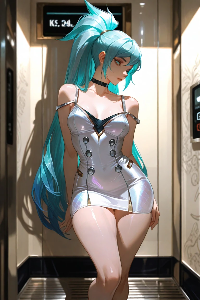 light blue hair, long hair, yellow eyes, black dress, collarbone, bare back, big boobs, inside a building, high heels black shoes, inside of building, looking at camera, close up camera, standing, holding a handbag