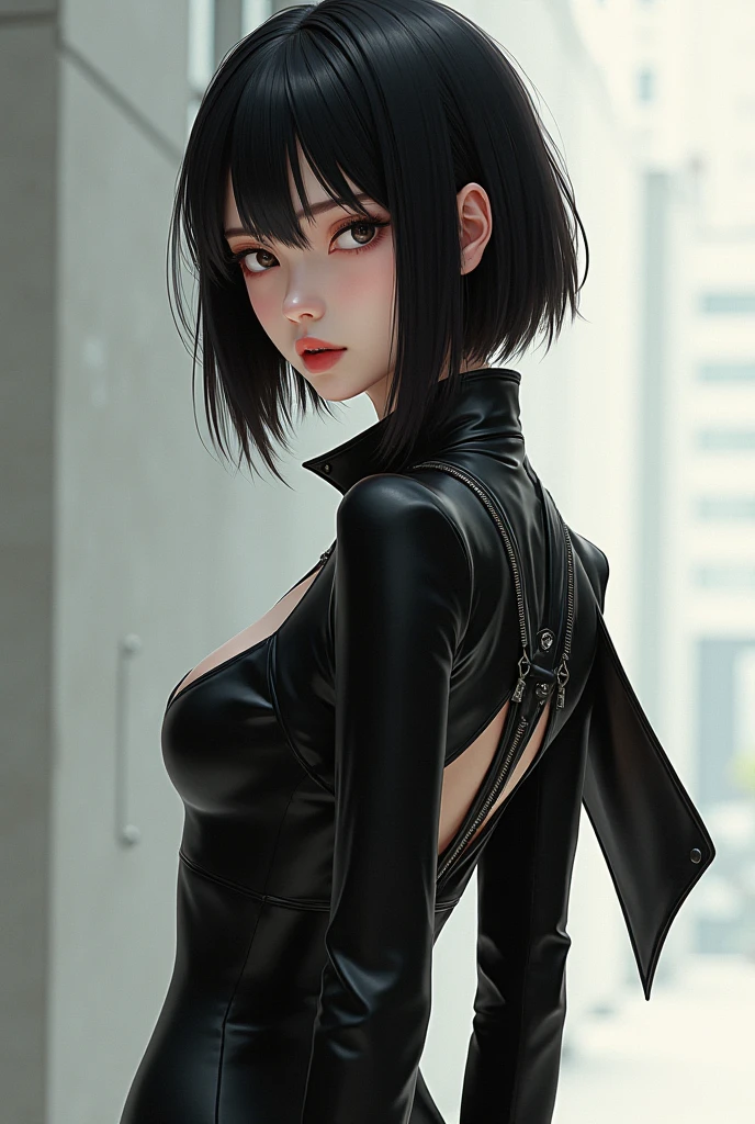 a close up of a woman with a black top and a skirt, wearing a black bodysuit, skintight black clothes, thicc, black top, wearing black tight clothing, black hair coving face, has messy bob haircut with long bands, very sexy outfit, wearing in black clothes, thick neck, 8k)), 1 7 - year - old goth girl, tight outfit,