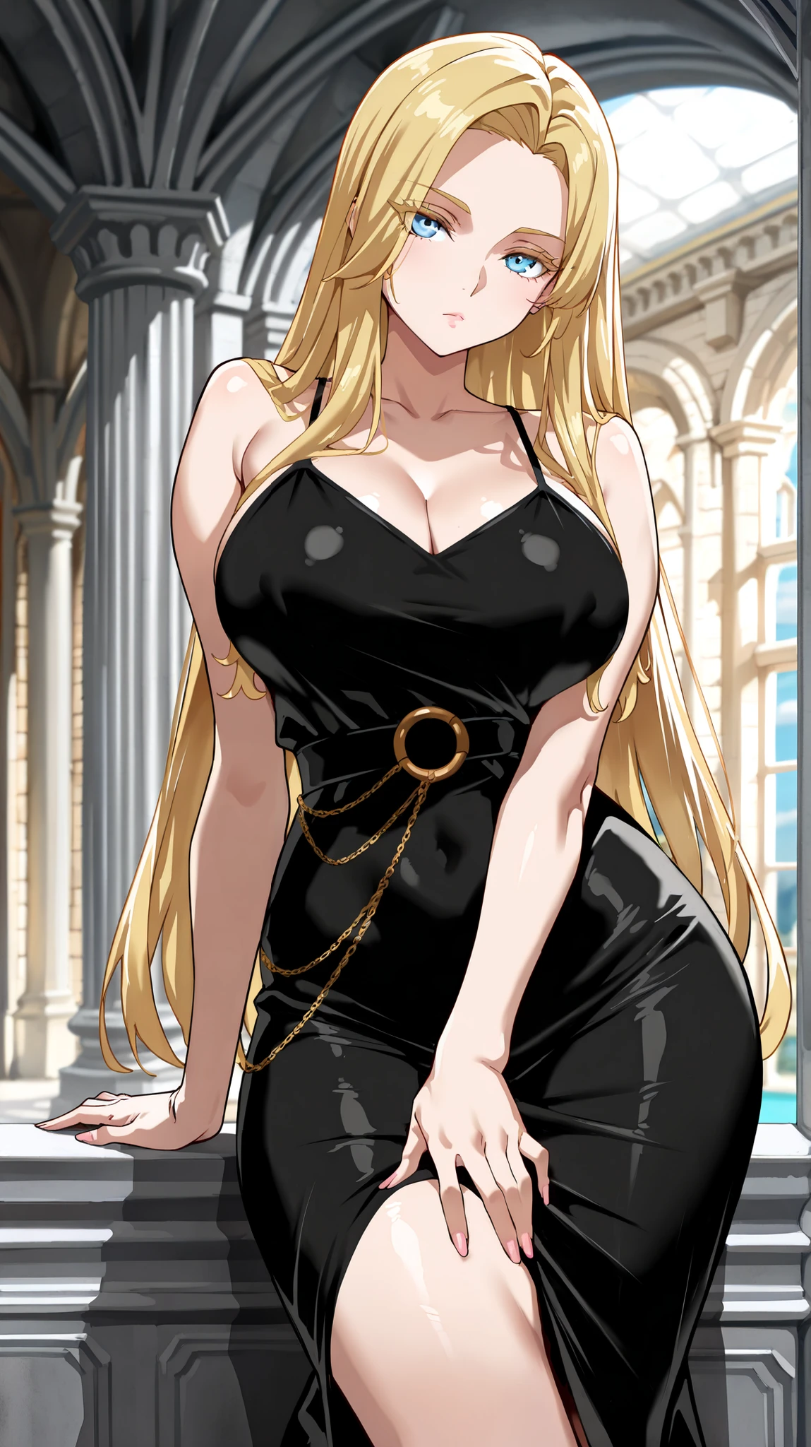 masterpiece, best quality, detailed face, detailed eyes, detailed lips, 1girl, blonde hair, long hair,large breasts, big ass, standing,elegant beautiful woman, nsfw, sexiest dress, lusty expressions, full body view, head to toe
