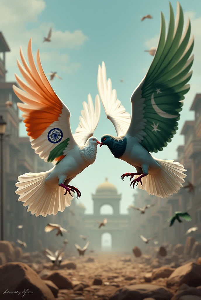 A pigeon flying which indian flag and some enemy's are looking the pigeon