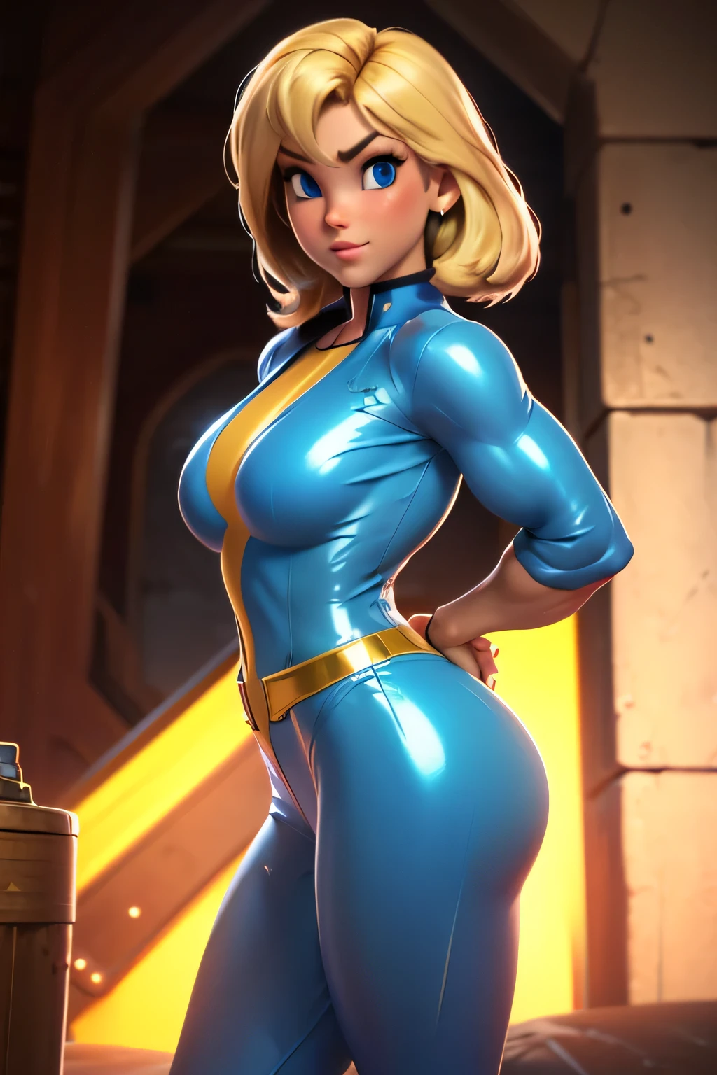 Perfect Anatomy　Highest Quality,highest resolution,(((female　shiny blue vault jumpsuit　shiny light blonde hair　muscular　shiny skin　blue eyes)))　Vault Girl　fallout　 End of the Century