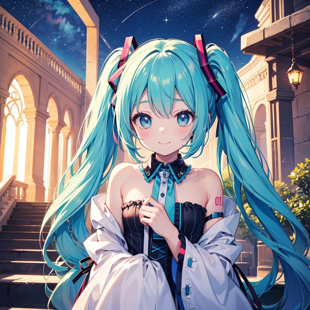 (oil, masterpiece, highest quality, Super detailed, Focus on the characters), Hatsune Miku、Smiling Kindly、Detailed facial expression depiction，Detailed hair depiction,([return:0.8]|[ face facing returnwards:1.1]), Super big breasts,
Cute loungewear,([Starry Sky Scenario:1.2]|[ ground:1.3]| [High Contrast:1.1])  