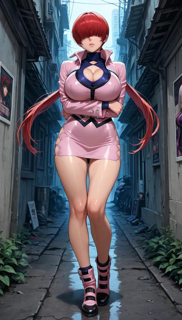3 Girl，Blonde，Pink Hair，Blue Hair[Very short hair|Very long braid]Asymmetrical Dress]，Under the chest，落書きで覆われた壁の前にsquat，Street fashion，High heels，Very sexy pose， art germ，Fans only，During pregnancy，squat，Spread your legs，Adult Toys