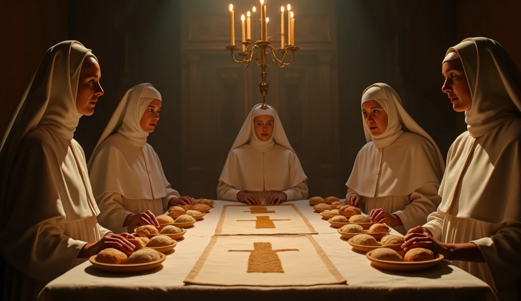 Reproduce the picture of Holy Communion with characters from classic horror movies sitting at the table, lady gaga wearing leather sitting at the table, marilyn manson sitting at the table, aleister crowley sitting at the table, naomi campbel in a nun's dress sitting at the table, creepy clown sitting at the table, all in full position, satanic weather, 4k image,  high image quality