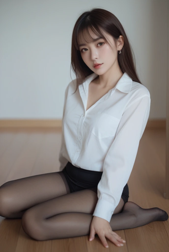 ((Top quality, 8k, Masterpiece: 1.3)), beauty, hidden face, 1 girl, beauty: 1.3, slender abs: 1.1, shirt (loose: 1.4) exposed, no underwear, hip skirt, black stockings, high heels, full, long black hair, (sitting cross-legged on the sofa), ultra-detailed face, highly detailed lips, detailed eyes, double eyelids, strict head and body ratio: 1.5,