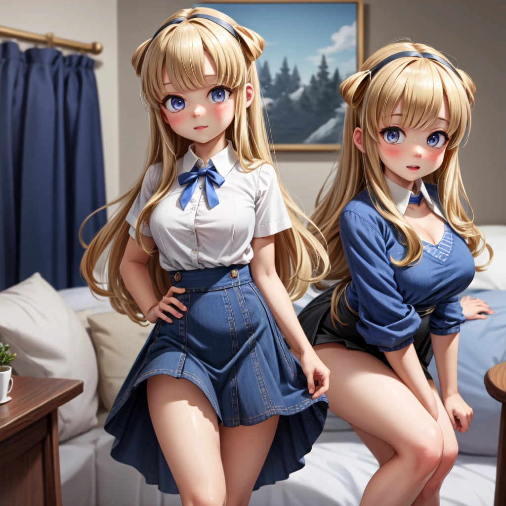 beautiful illustrations, highest quality, 1girl, (12 years old girl:1.5), (cute girl:1.6), flat chest, (girl like bisque doll), navy blouse, light blue white shirt, Not safe for work, ((sitting, GYNECOTOLOGICAL DELIVERY TABLE)), (((No panties))), (cunnus:1.4, toy phallus to puss fuck), Open twat:1.6, anus, ((spread legs)), looking at viewer, Cinematic lighting, (blonde straight hair), A Euphoric Smile, white socks, obstetrics and gynecology,