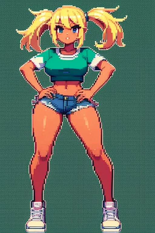 art by diives, girl in denim shorts, golden hair