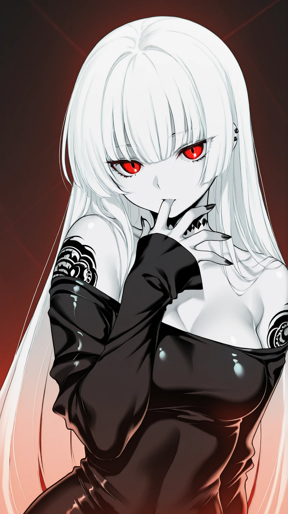 Stunning girl, erotic expression, white hair, big breasts, wide hips, slim body, black business robe, (Black and white, sketch), black background, hentai, simple poster, ((negative space)), ((black bangles over her face)) ((face covered by bandages)) ((black bandages)) ((the black bandages only covering her eyes)) ((large hips and butt)) ((giant spider arms coming out of her back)) ((black demonic horns)) long scary mouth with lots of teeth and black bandages covering just her eyes only, upper part of her face))