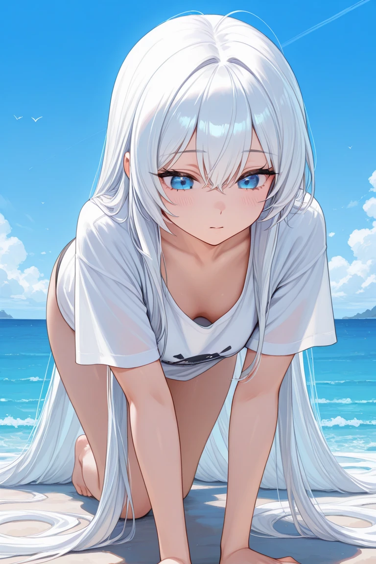 An anime girl on the beach, wearing a stylish black swimsuit, with long flowing white hair and bright blue eyes, standing under a bright sunny sky