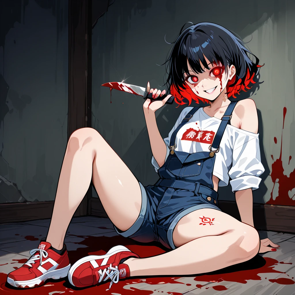 1girl, PPGZBS, En pie, ojos rojos, Cabello largo, Cola de caballo, Lazo de pelo, flequillo contundente, Pendientes, Gargantilla negra, Chaleco rosa, falda roja, beltt, andante, frown, Noche, mountains, Kali