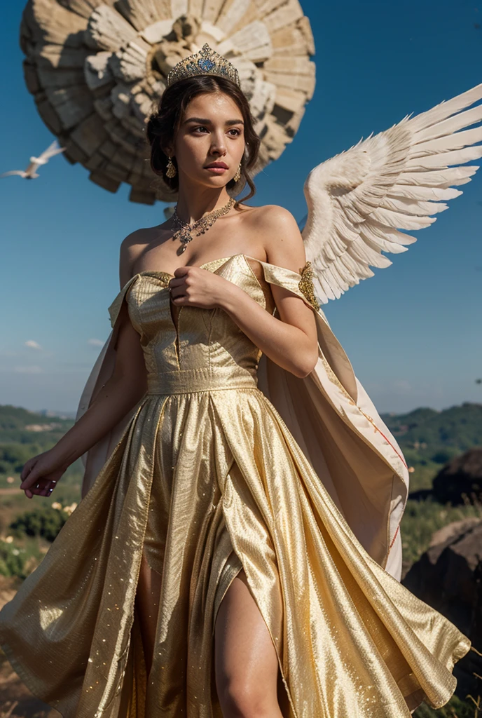 RAW half length high quality photograph of a european woman, 18 yo, angel with dragon wings, sheer iridescent pink silk grecian robes, small breasts, short dark expressive hair, natural pale skin golden suntan texture, sensual pose, jeweled diadem, silver necklace, grey skies, volcano and mountain background, photorealism, photorealistic, cinematic, dramatic, short depth of field, intricate, elegant, sharp focus,