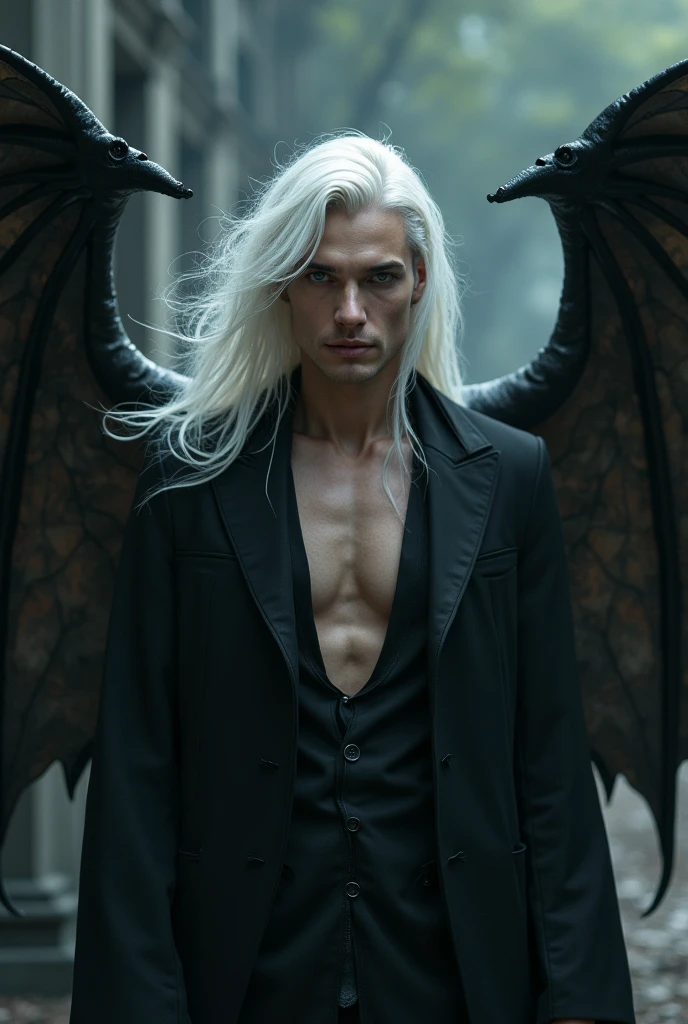 Sexy withe haired vampire with no shirt posing deviously with a shining moon on the background