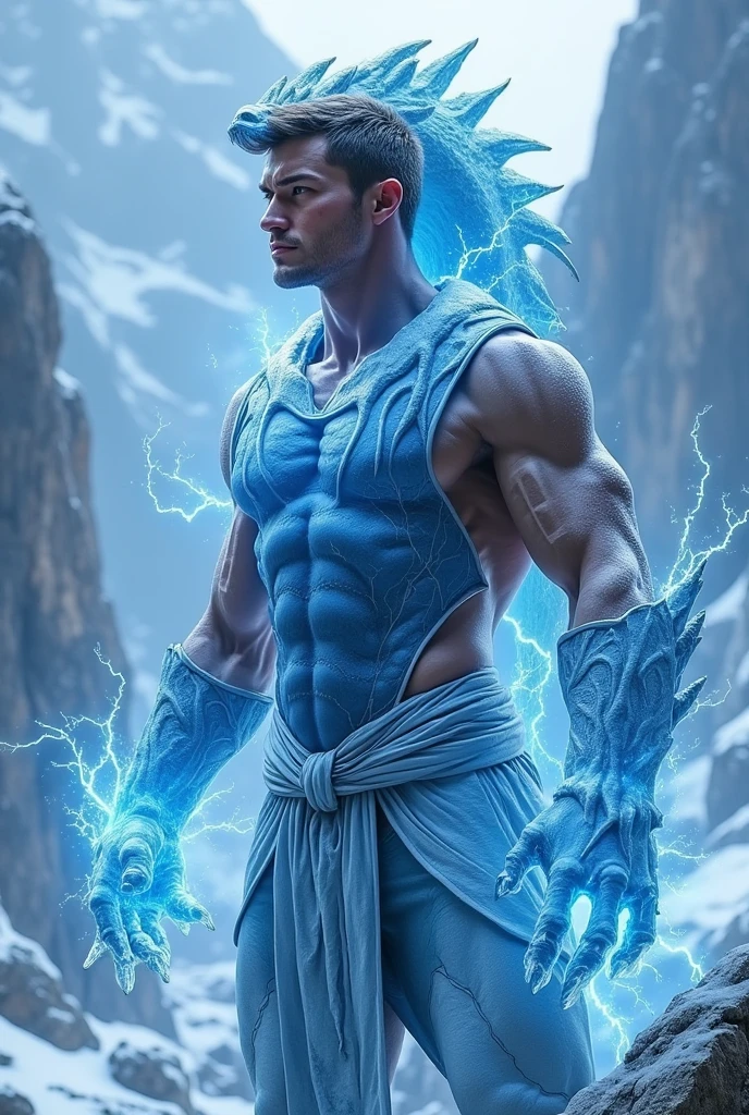 young ice man, with medium white hair, with a vibrant look, shirtless. Handsome hunky ripped abs toned body and arms..