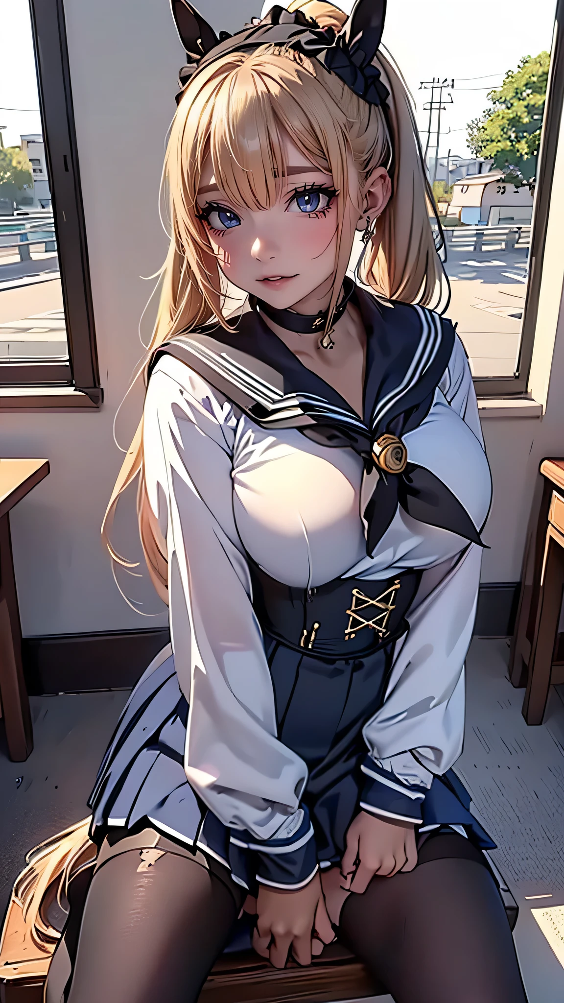 (masterpiece:1.2、highest quality、Tmasterpiece)、1 female、alone、classroom、Day、stand、whole body、Beauty、blonde、ponytail、blue eyes、(Sailor suit:1.4)、(Dark Skin:1.4)、Blake、Big Breasts、Big Butt、Long sleeve、corset、Earrings、lipstick、(pantyhose:1.2)、mini skirt、Very sweaty、choker、blush、Covered breasts、Bangs braids、(Thick lips:1.2)、(paperbag:1.3)