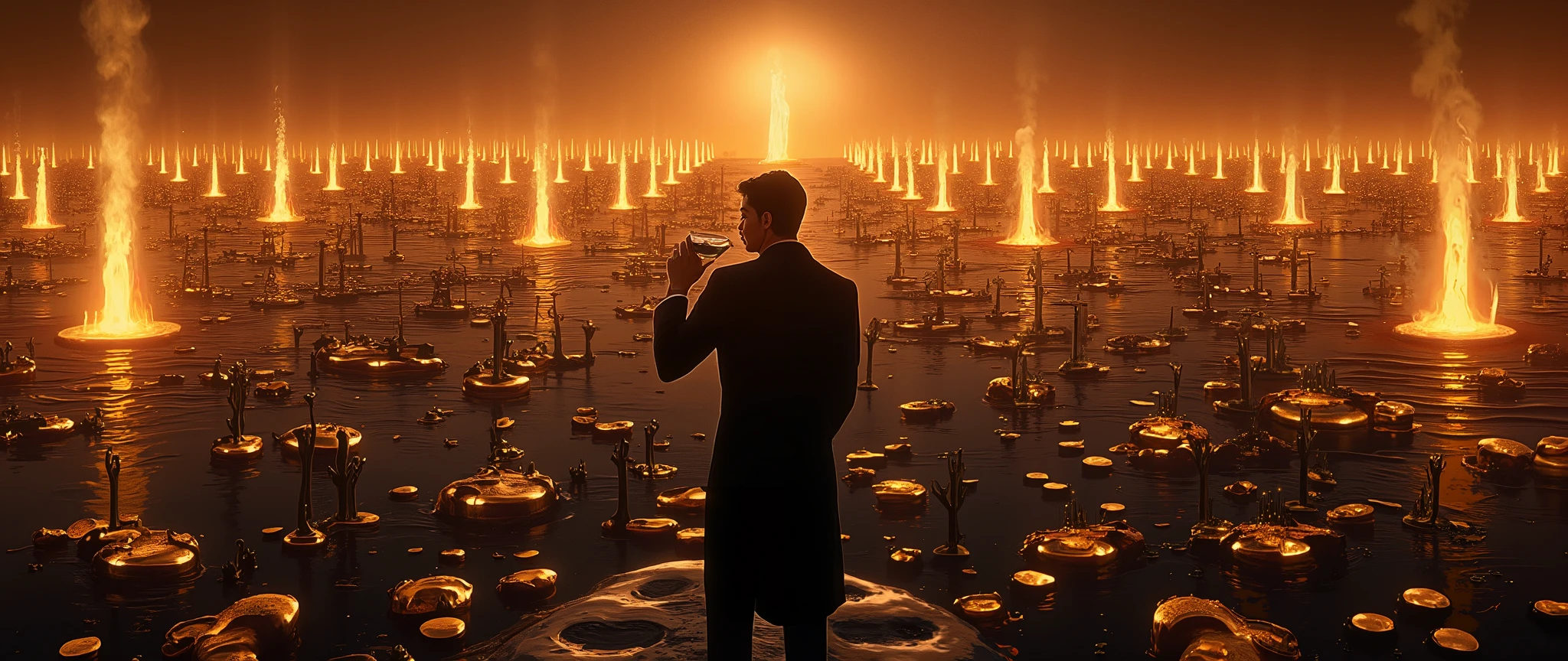 Imagine a vast and dramatic scene of a vast sea of oil, with countless points gushing dark, viscous oil. Scattered across the surface are millions of shiny gold coins that reflect the light, creating a striking contrast with the oil. Among the coins, dozens of weapons are scattered, adding a touch of tension to the scene. In the center of the composition, an elegant man in a suit, holding a martini, observes everything from an elevated position, as if he were on top of a hill or a tall building. The view is wide, capturing the full magnitude of this intense and detailed scene, complex clothing textures, warm lighting, photorealistic, cinematic composition, vibrant colors, depth of field (best quality, 8k, high resolution, masterpiece: 1.2), ultra detailed (realistic, photorealistic, photorealistic: 1.37), cinematic lighting, dramatic shadows, romantic scene.